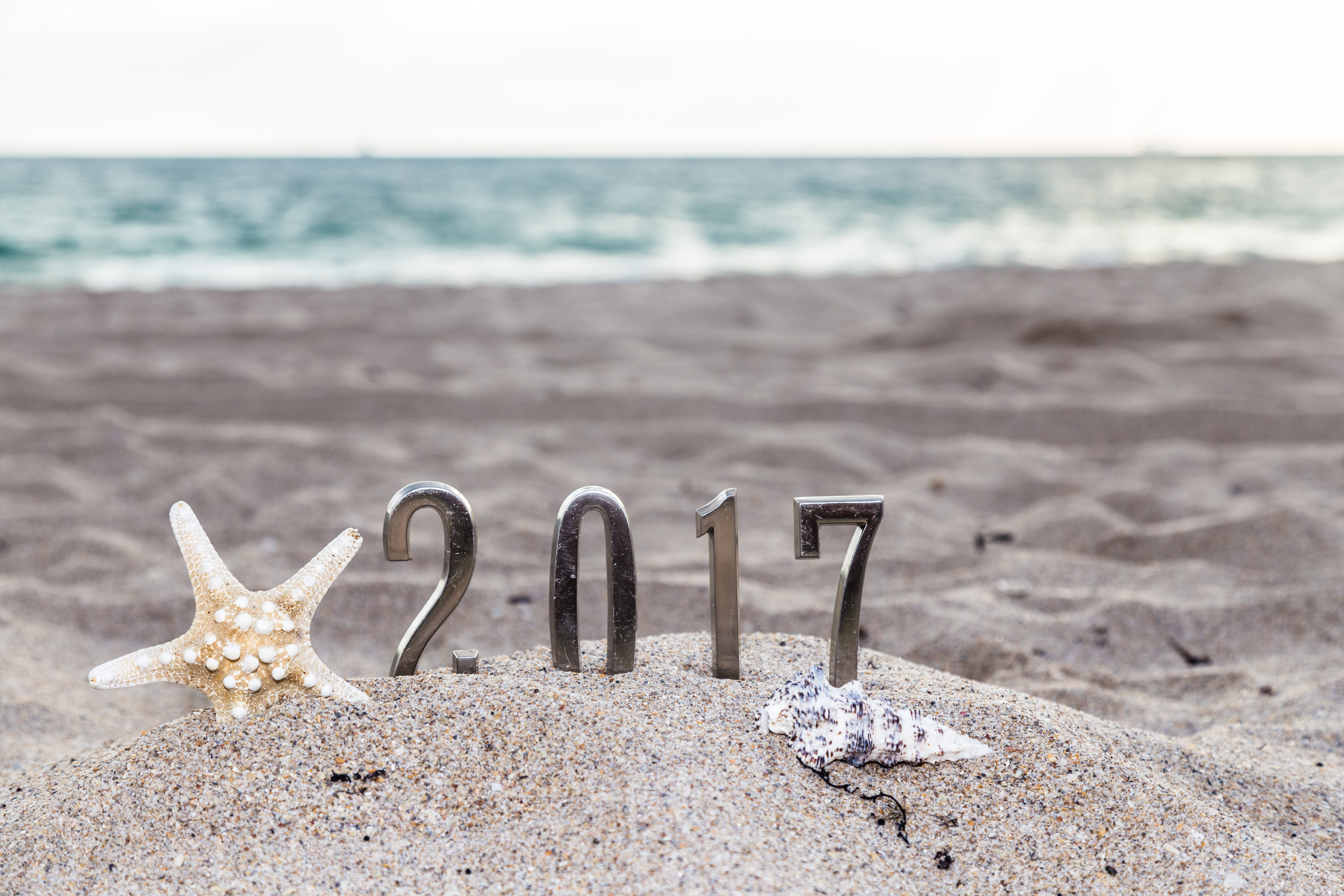 2017 metal number and shellfish/2017 year metal sign and shellfish at tropical beach.